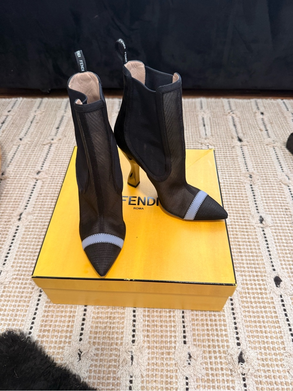 Fendi Black Mesh Pointed Ankle Boots with Gray Toe Band